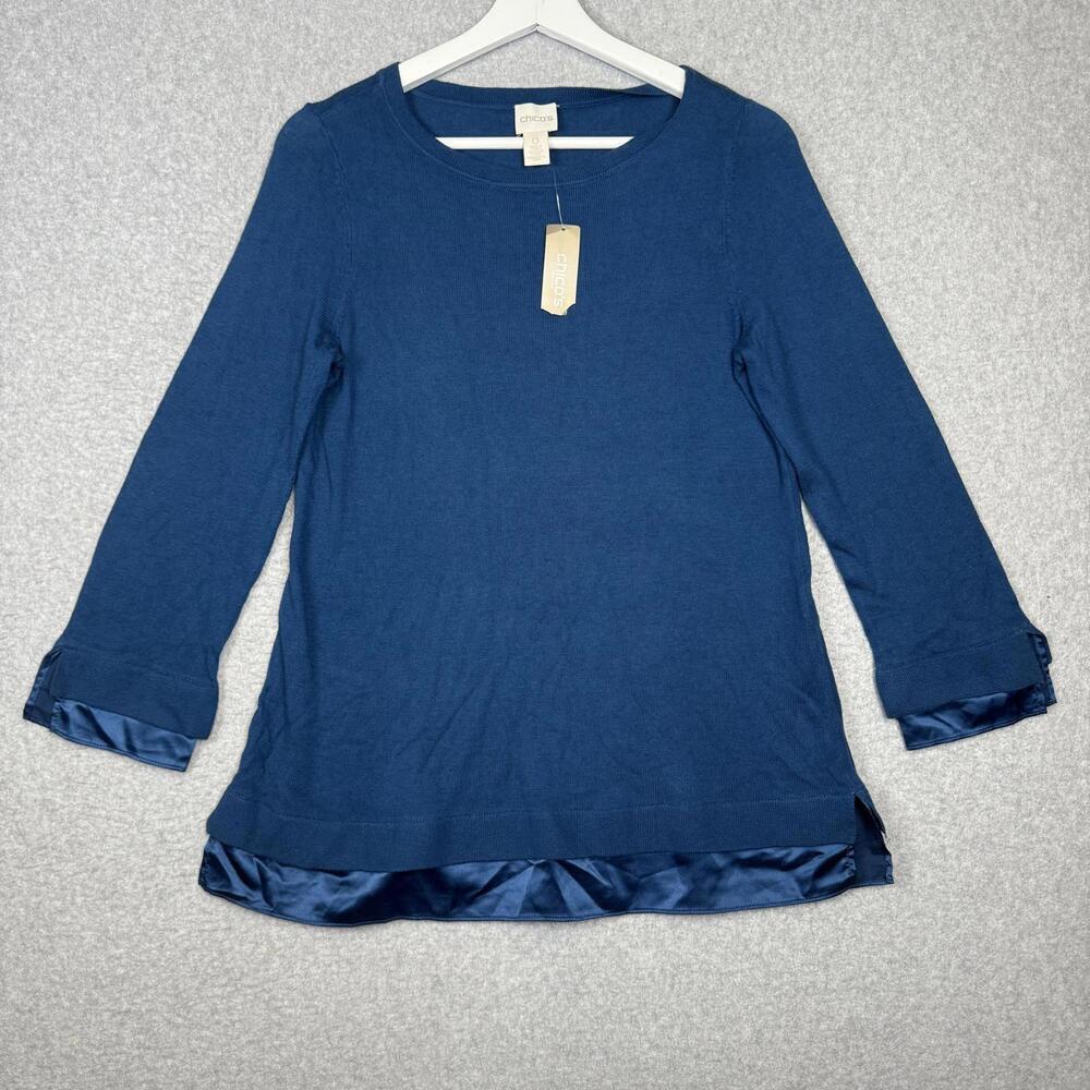 Chico's Women's Size 0 Medium Blue Long Sleeve T-Shirt Top Blouse NEW